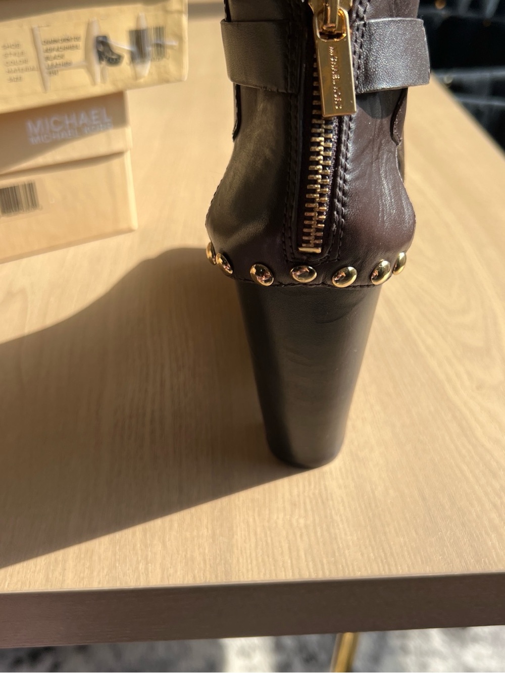 Michael Kors Dark Brown Leather Wedge Ankle Boot with Gold MK Accent - Picture 2 of 5